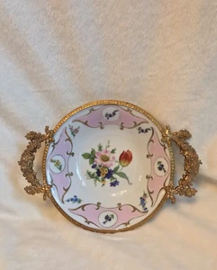 Handpainted Pink LIMOGES 6" Bowl,  + Brass Handles = 8.5" - Picture 1 of 12