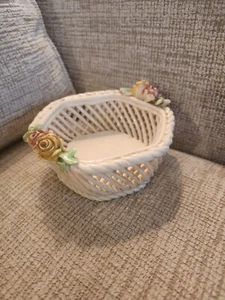 Vintage Lattice Porcelain Trinket Basket Pink 3D Flowers Italy Small Chips - Picture 1 of 4