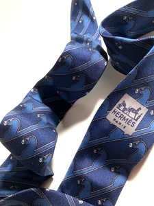 HERMES VINTAGE RENNPFERD KOPF KRAWATTE REITEN STREIFEN HIGH END FRANKREICH BLAU - Bild 1 von 14