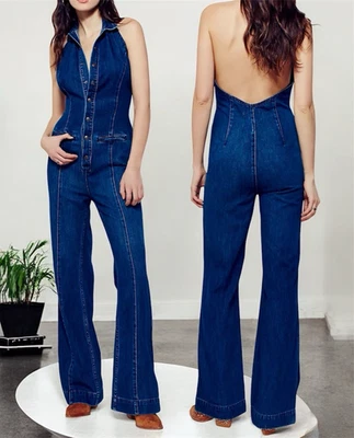Free People Neko Halter Denim Jumpsuit Sz 0/XS Blue Button Front Flare Retro Y2K - Image 1 of 4