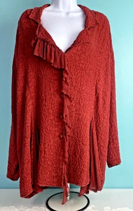Blusa URU 100% Seda Texturizada Roja Volantes Botón Frontal XL Boho Artística Lagenlook - Imagen 1 de 10