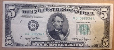 Circulated US Currency 1950 $5 Federal Reserve Note FRN Banknote G04098536A - Image 1 of 2