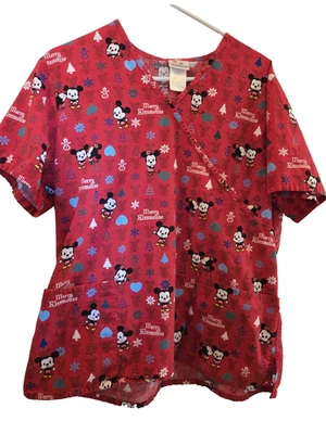 Disney Cuties Merry Kissmouse Mickey & Minnie Mouse Scrub Top Sz Lg - Image 1 of 4