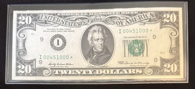 1969 20 Dollar Star Note, Very Low Serial Number 5 Zeros, # I 00451000 * - Image 1 of 4