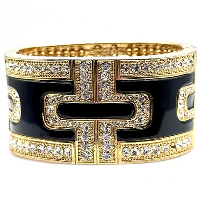 Art Deco Bangle Bracelet Hinged Clamp Gold Tone Black Enamel Crystals Statement - Image 1 of 4