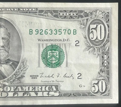 (VINTAGE!) $50 Old Vintage Small Head New York Currency B92633570B Series 1990 - Image 1 of 3