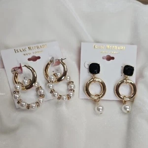 Isaac Mizrahi Lote de 2 Pares Pendientes Elegantes Perla Oro Negro Pendientes Colgantes - Imagen 1 de 5