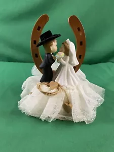 Western Wedding Lucky Horseshoe Cowboy/Bride Cake Topper Ropes Hearts Black Hat - Picture 1 of 10