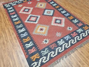 Handmade Wool Jute Rug Red Kilim Rug Living Room Bedroom Dining Room Rug - Picture 1 of 4
