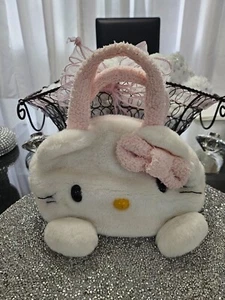 2007 Sanrio Hello Kitty Faux Fur Travel Bag Pouch Purse Pink White W/Handles - Picture 1 of 9