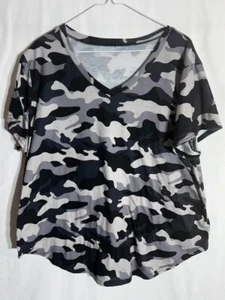 Women's Loose Casual Short Sleeves Tops V Neck Tee Shirts Camo Grey 2XL - Picture 1 of 5