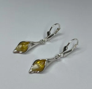 AMBER Stone Earrings with Sterling Silver.YELLOW Amber Stone Dangle Earrings. - Picture 1 of 8