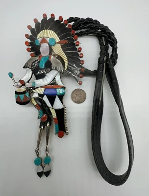 Винтажный галстук-боло J. Beyuka Zuni Native American Muti-Stone инкрустация 103,3 г #rek - Изображение 1 из 4