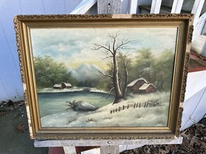 Antique 1880 Era Oil Painting Folk Art Winter Landscape Frost & Adams Boston - Picture 1 of 10