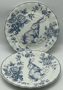 Maxcera Blue Toile Bunny Rabbit Scalloped Cabbage Rose Salad Plates 2 Spring - Picture 1 of 8