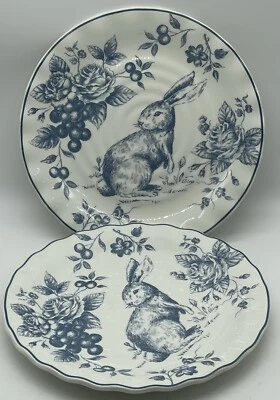 Maxcera Blue Toile Bunny Rabbit Scalloped Cabbage Rose Salad Plates 2 Spring - Image 1 of 4