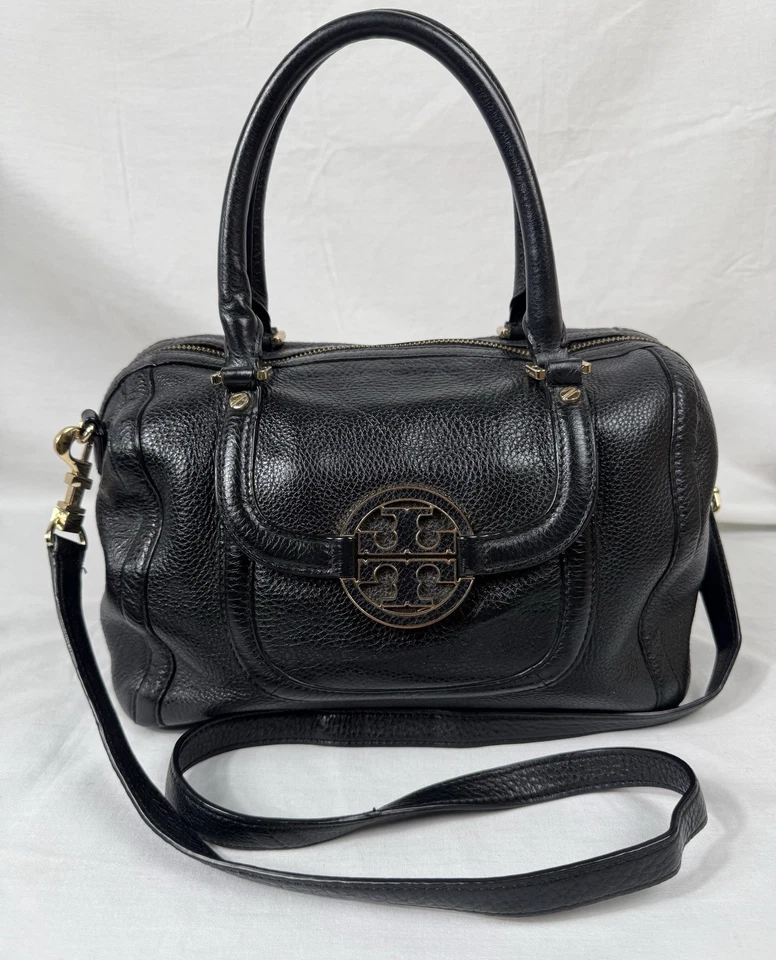 😎😎😎TORY BURCH Black Amanda Pebbled Ltr Crossbody Dbl Handles Satchel Handbag - Image 1 of 4