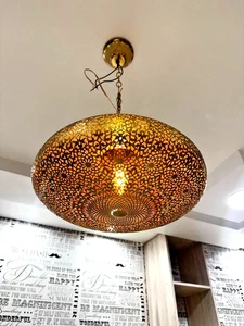 Handmade Moroccan Brass Pendant Light - Perforated Boho Ceiling Lamp "16 inch" - Picture 1 of 9