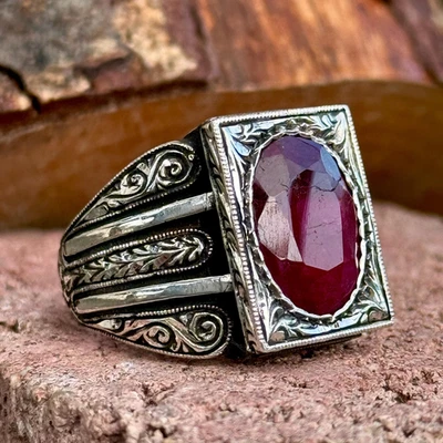 Turkish Handmade Men Silver Ruby Stone Ring, Vintage Mens Red Stone Ring - Image 1 of 4