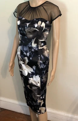 NUEVO Impresionante Vestido Vaina Maggy London Talla 8 Nuevo con Etiquetas Negro/Marfil Malla Yema/Mangas Foto 1 de 4