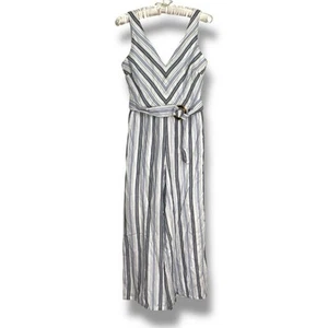 NEW Crystal Sky Blue White Jumpsuit Striped Wide Leg Flowy Cropped Romper Sz S - Picture 1 of 11