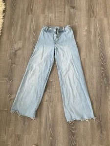Zara Blue Denim High Rise Sailor Wide Leg Raw Hem Jeans Girls 13-14 - Picture 1 of 8