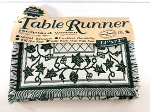 Vintage Green White Reversable Christmas Table Runner Jacquard Woven  14x72 New - Picture 1 of 8