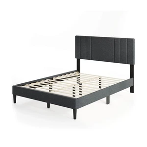 Full Size Bed Frame w/ Vertical Channel Tu'ed Headboard & Wooden Slats - Picture 1 of 10