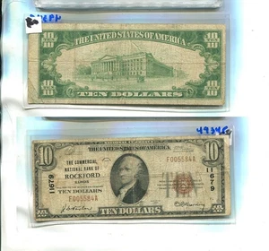 1929 $10 ROCKFORD ILLINOIS COMMERCIAL NATIONAL BROWN SEAL CURRENCY NOTE VG - Picture 1 of 1