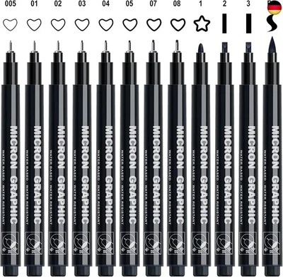 AKARUED Fineliner Schwarz Stifte, 12 Stück Fineliner Set Schwarz, Wasserfest