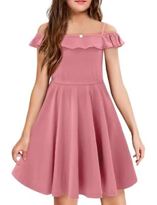 Girls Pink Dress Casual Elegant Cold Shoulder Ruffle Sleeve Flowy Swing Dress... - Picture 1 of 5