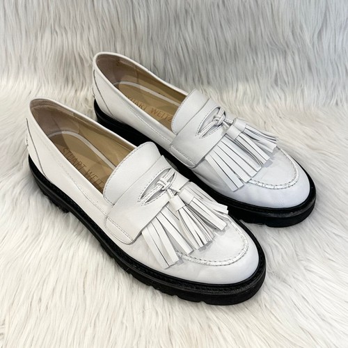 Mocassino Stuart Weitzman Mila Lift in pelle con nappa frange grosse taglia 10 bianco