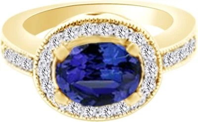 Anel de casamento de noivado Halo em ouro 14K simulado tanzanita e diamante natural - Imagem 1 de 4