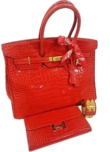 Hermes Shiny Birkin 35 Porosus Exotic Set Bougainvillea Wallet  Bag Bracelet 4pc - Picture 1 of 24