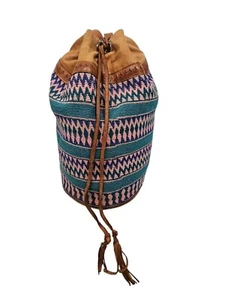 Vintage 90s Pastel Bohemian Aztec Textile & Leather Backpack Bag - Picture 1 of 9