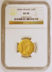 RARE GRADE 1828 France 20 Francs Gold Coin Charles X Paris Mint NGC Graded AU58 - Picture 1 of 4