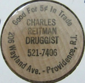 Vintage Charles Reitman Druggist, RI Wooden Nickel - Token Rhode Island - Picture 1 of 2