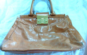 TORY BURCH VTG Large Handbag Purse w/ T-Clasp Gold Hardware GUC Cognac Leather