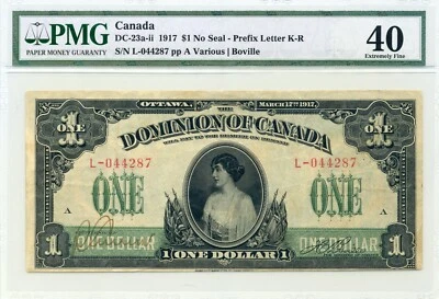 1917 $1 Dominion of Canada, No Seal DC-23a-ii, Extremely Fine, PMG EF40 - Image 1 of 2