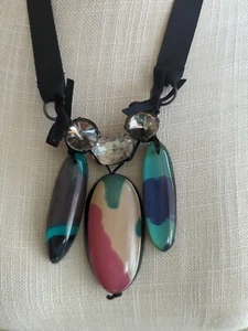 Marni Ribbon Necklace Rhinestone and Resin Beads - Picture 1 of 10