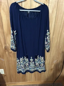 Vasna Navy Embroidery Dress Sz Large MIDI  100% Cotton 100% Rayon Lining Boho - Picture 1 of 11