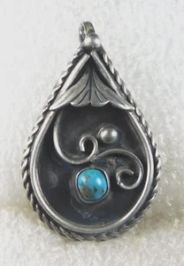 NATIVE AMERICAN STERLING TURQUOISE Cab HANDMADE Vintage PENDANT - Picture 1 of 2