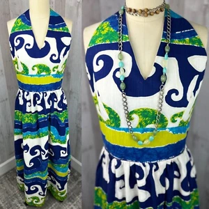 Vintage 1970s Hawaiian  Barkcloth Dress Halter Maxi Blue/White S - Picture 1 of 15