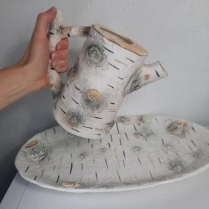 Dept 56 Birch Bark Ceramic Pitcher & Platter, Rustic Farmhouse Cottagecore Boho - Picture 1 of 9