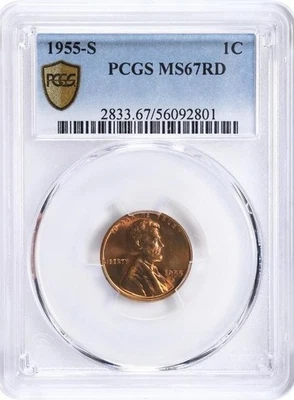 1955 年 S 版 1c 林肯美分 PCGS 评级 MS67 RD 红色金盾 — 第 1/2 张图片