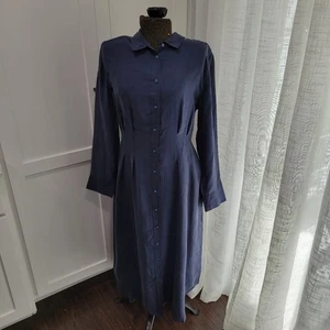 Unsubscribed 100% Silk Navy Blue Shirtdress Long Sleeve Size 10 - Picture 1 of 9