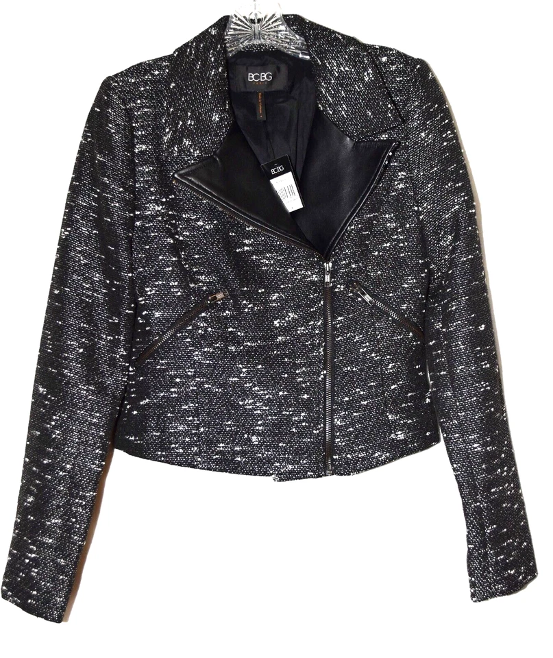 Chaqueta de moto BCBG Paris negra blanca con ribete de cuero sintético para mujer talla 4 nueva con etiquetas Foto 1 de 4