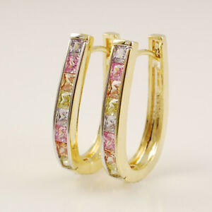 Yellow Gold Filled Pastel Multi Colour Crystal CZ Oval Hoop Earrings New - UK
