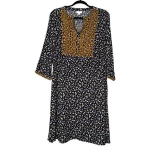 J. JILL shift dress large v-neck embroidered blue gold floral 3/4 sleeves boho - Picture 1 of 13