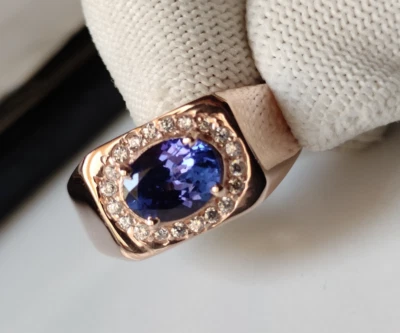 Anillo solitario pesado de oro rosa de 14k para hombre, anillo de tanzanita de corte ovalado para hombre, regalado. Foto 1 de 4